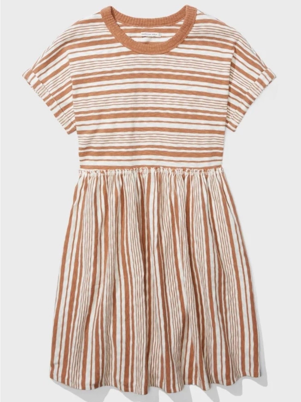 American Eagle Outfitters Cream & Brown Striped Short Sleeve Dress 100% Cotton
